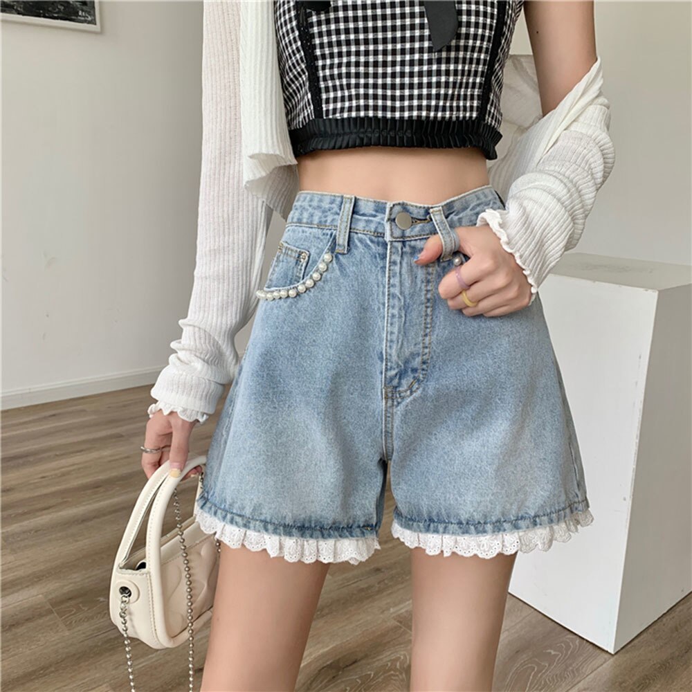 Korean Casual High Waist Straight Jeans Shorts Summer Pearl  Pockets Loose Female Blue Denim Shorts High Street Bott